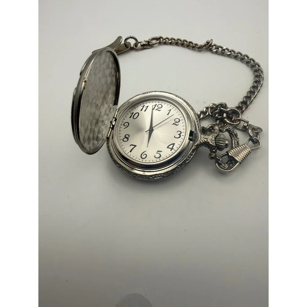 Vintage Silver Tone Eagle Embossed Pocket Watch Hunter Case Arabic Numeral Dial